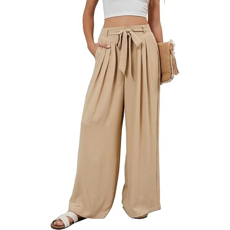 Womens Stylish Solid-color Flowy High-waist Wide-leg Pants