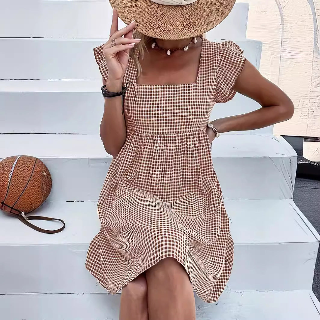 Square-neck Yarn-dyed Plaid Long-sleeve Loose-fitting Dress With Zippered Pockets