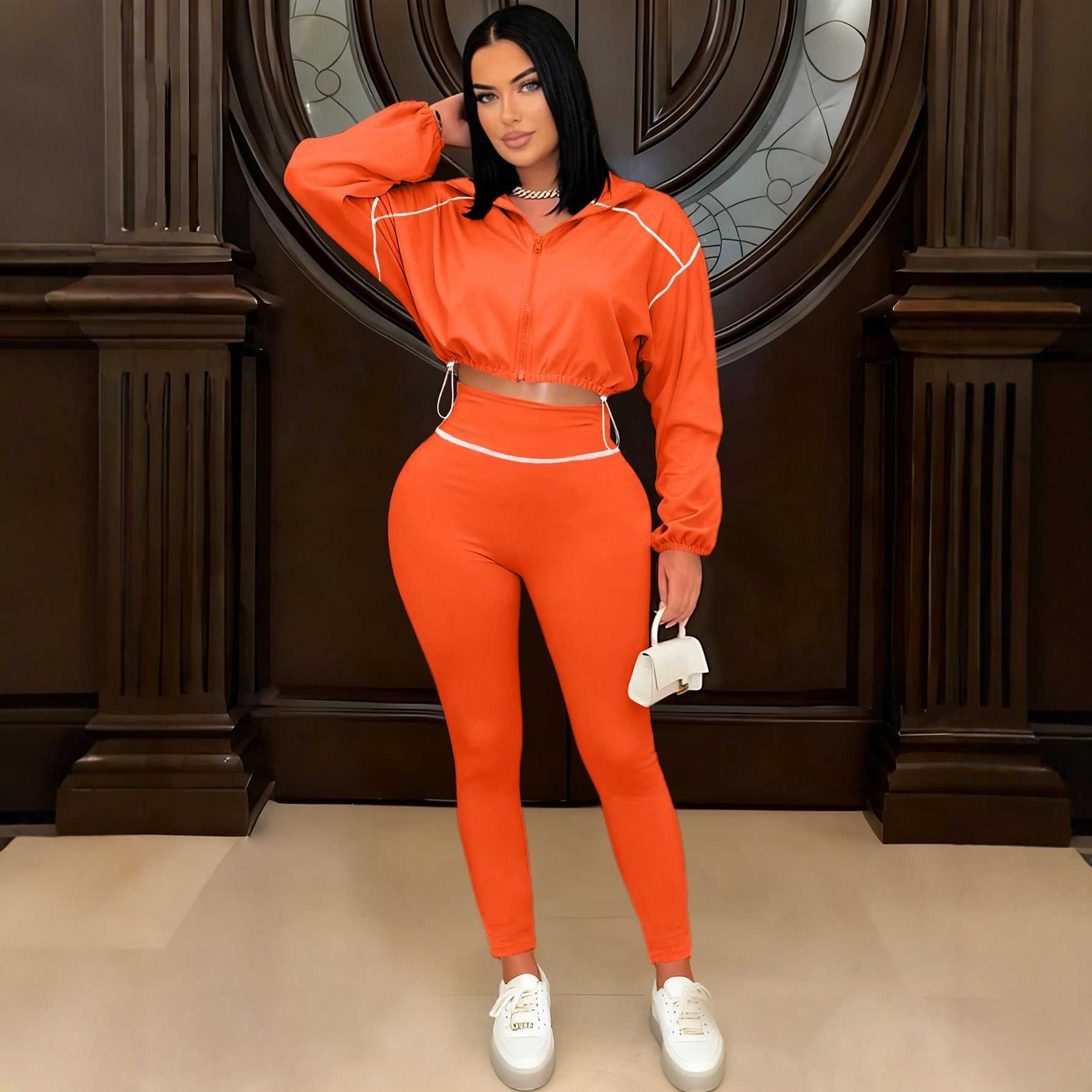 Solid-color Long-sleeve Zip-up Womens Slimming Two-piece Set