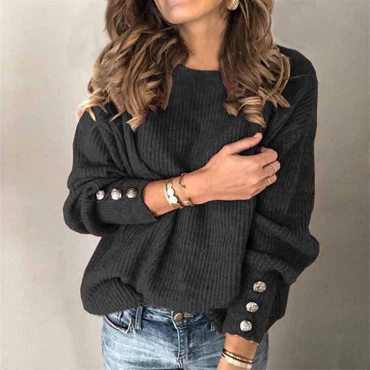 Long Sleeve Round Neck Button Knit Sweater