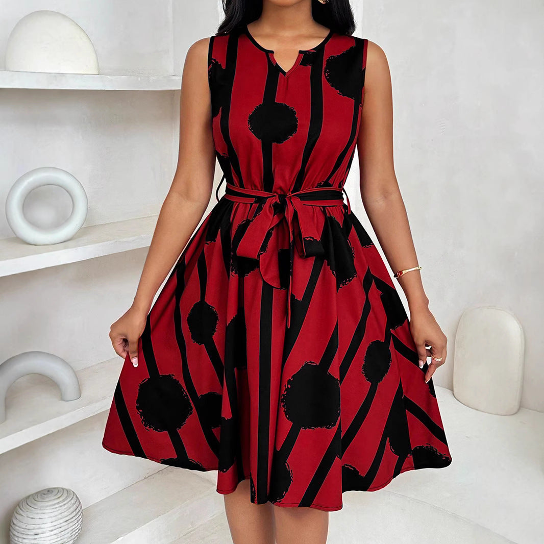 Womens European And American-style Belted A-line Dress