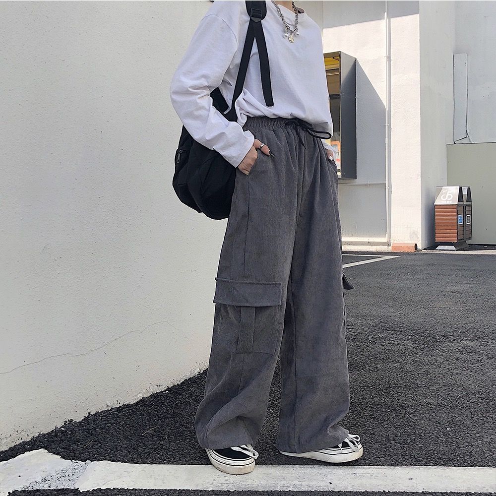 Corduroy Women's Vintage Pocket Cargo Pants Loose Wide Leg