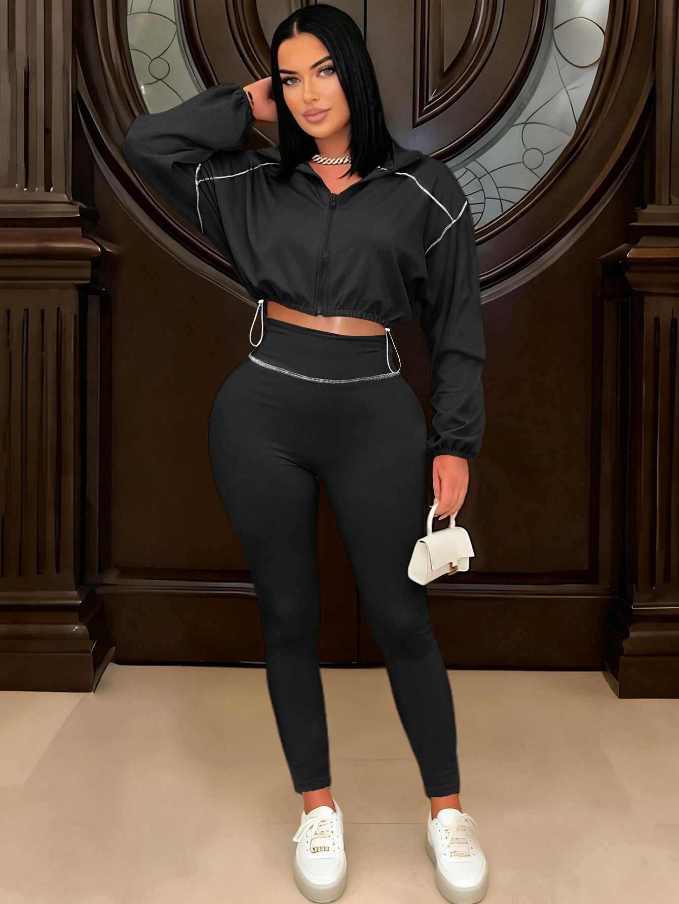 Solid-color Long-sleeve Zip-up Womens Slimming Two-piece Set