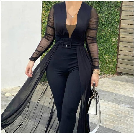 Women's Fashion Deep V-neck Long Sleeve Lace Stitching Solid Color Slim Bodysuit