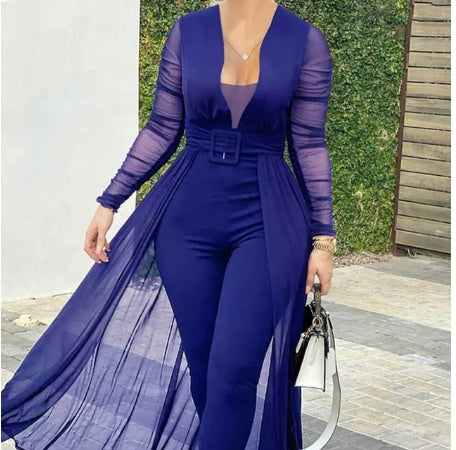 Women's Fashion Deep V-neck Long Sleeve Lace Stitching Solid Color Slim Bodysuit