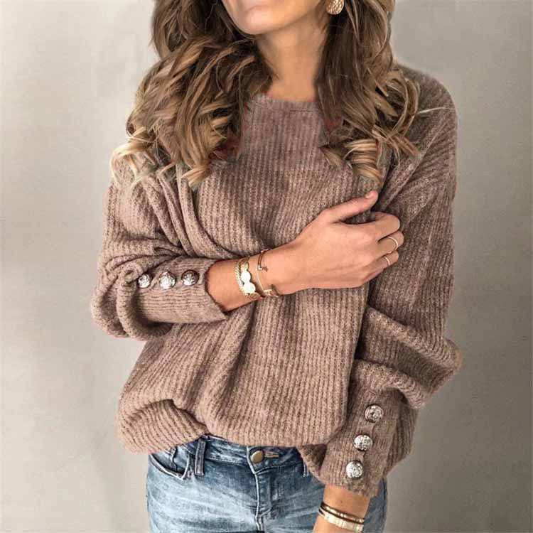 Long Sleeve Round Neck Button Knit Sweater