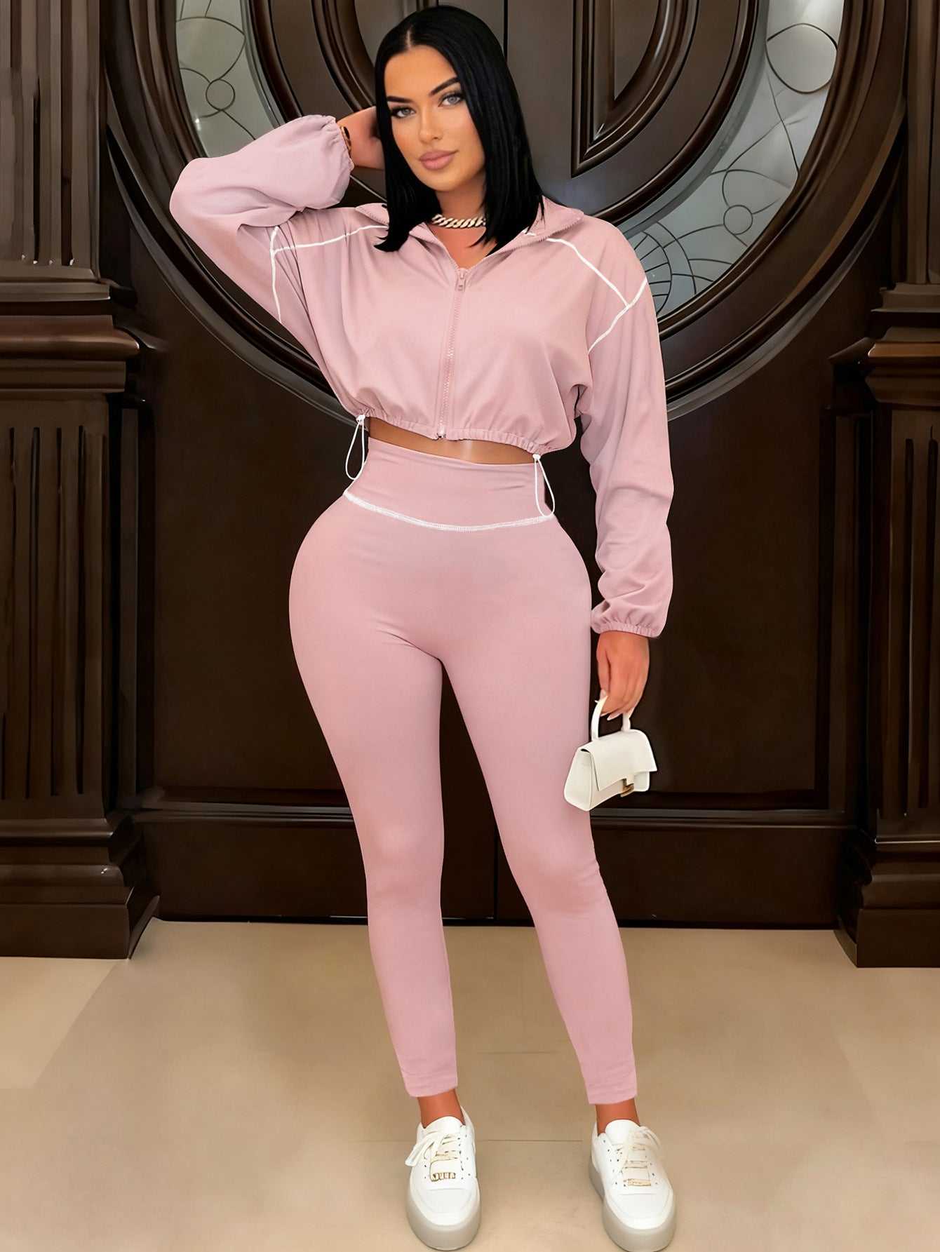 Solid-color Long-sleeve Zip-up Womens Slimming Two-piece Set