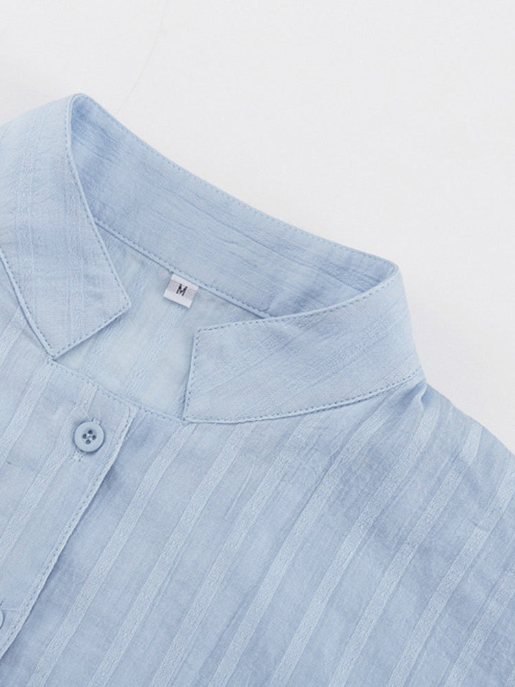 Cotton Striped Shirt O-Neck Lantern Sleeve Top Elastic Waist Shorts Female Sets