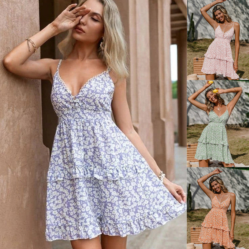 Women's Printed Suspenders Backless Dress