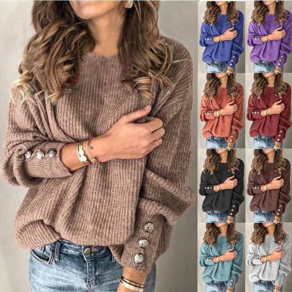 Long Sleeve Round Neck Button Knit Sweater
