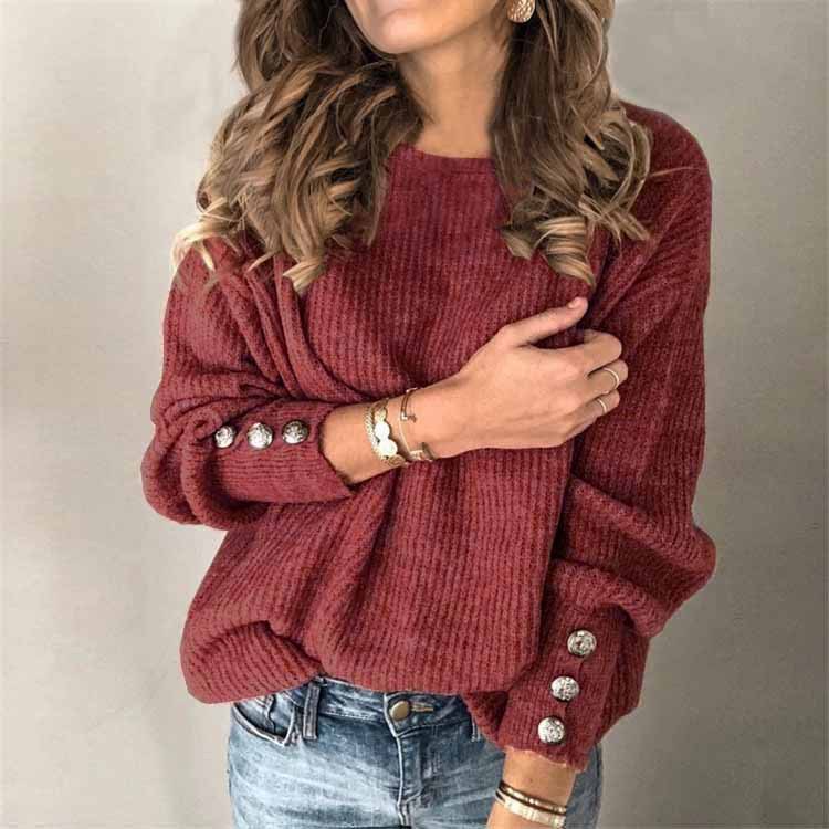Long Sleeve Round Neck Button Knit Sweater