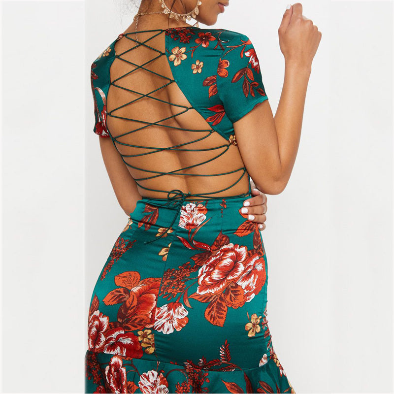 Printed backless fishtail dress