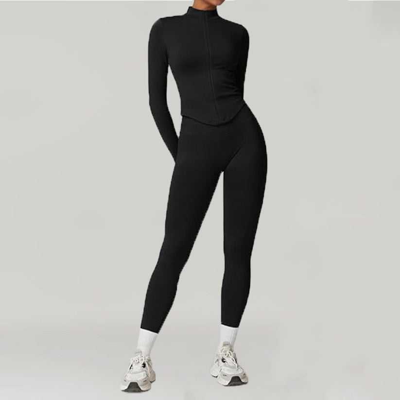 Premium Black Stand-up Collar Zip-up Long-sleeve Yoga Jacket Workout Set with matching sweatpants, ideal for fitness and athleisure wear.