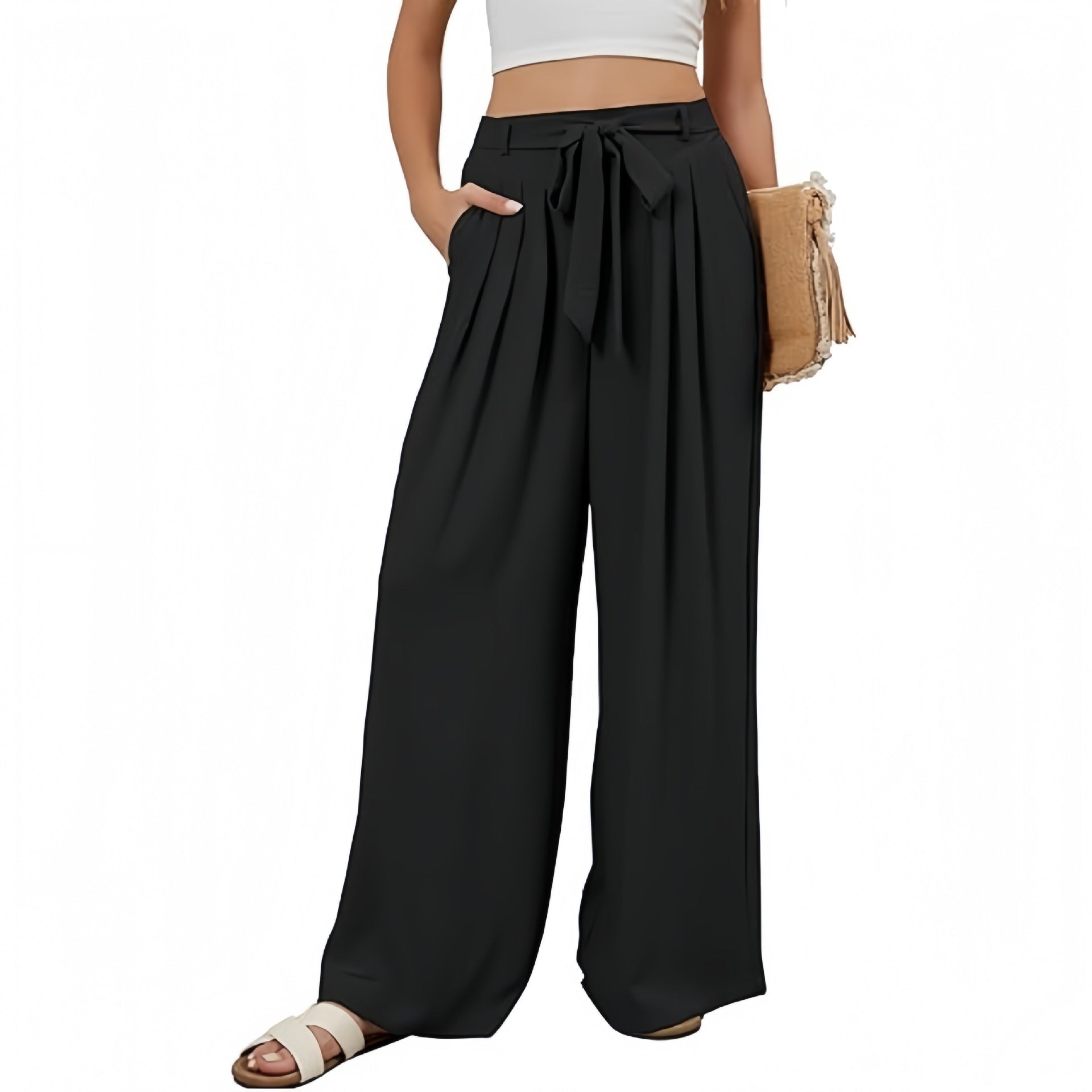 Womens Stylish Solid-color Flowy High-waist Wide-leg Pants