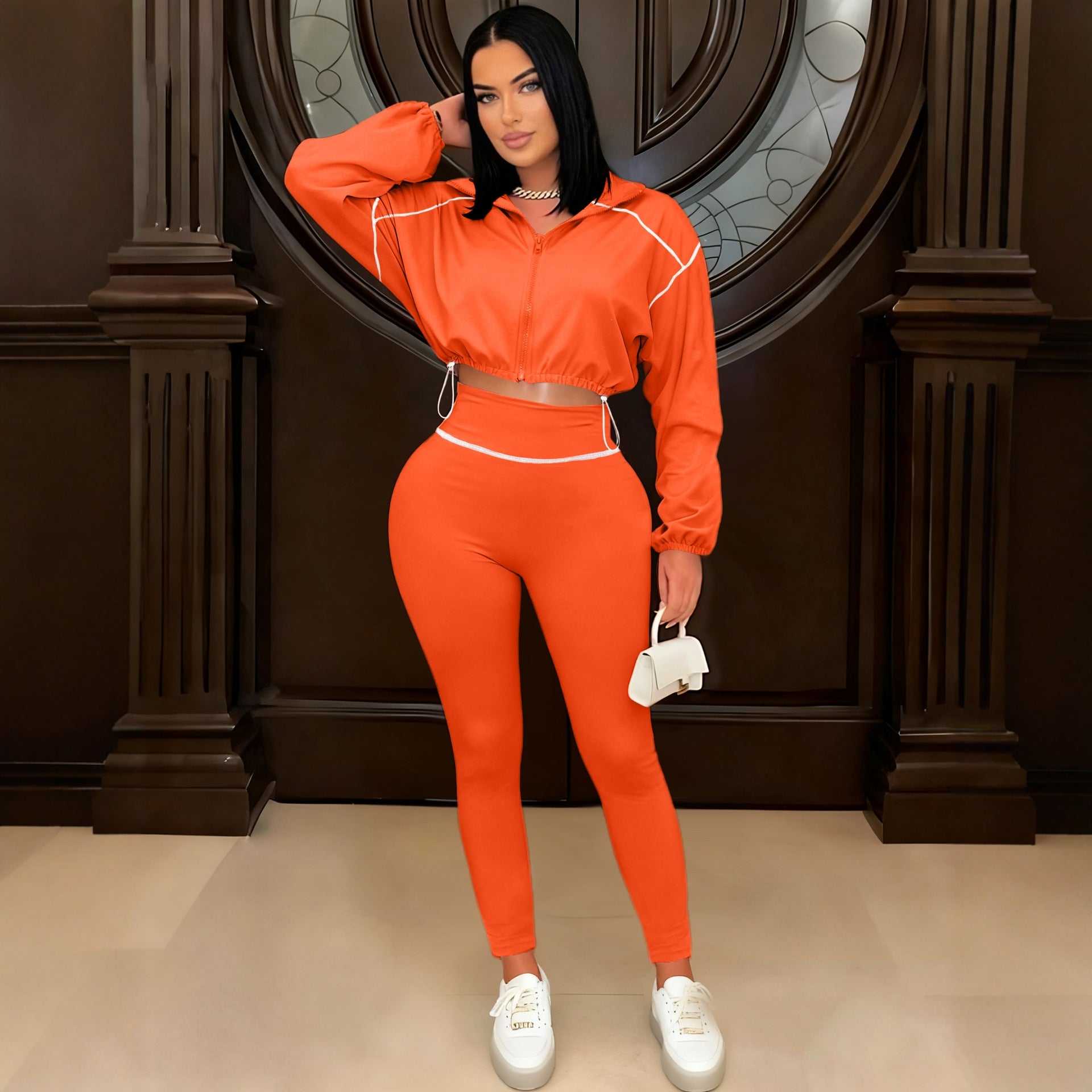 Solid-color Long-sleeve Zip-up Womens Slimming Two-piece Set