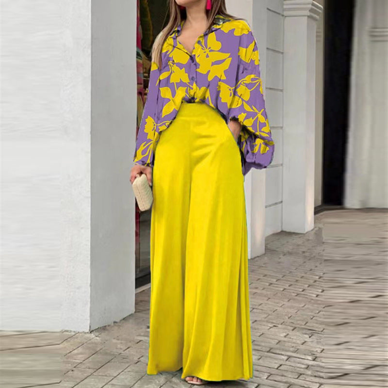 Women's Printed Shirt Wide Leg Pants Fashion Casual Set