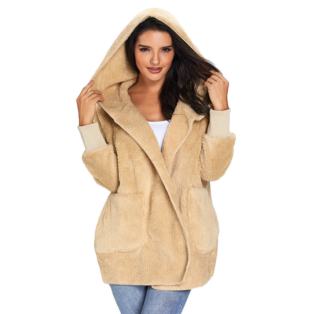 Casual Women's Hooded Solid Color Warm Plush Jacket