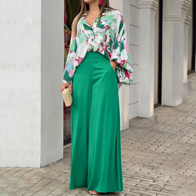 Loose And Elegant Casual Printed Shirt Top Wide Leg Pants Fashion Suit