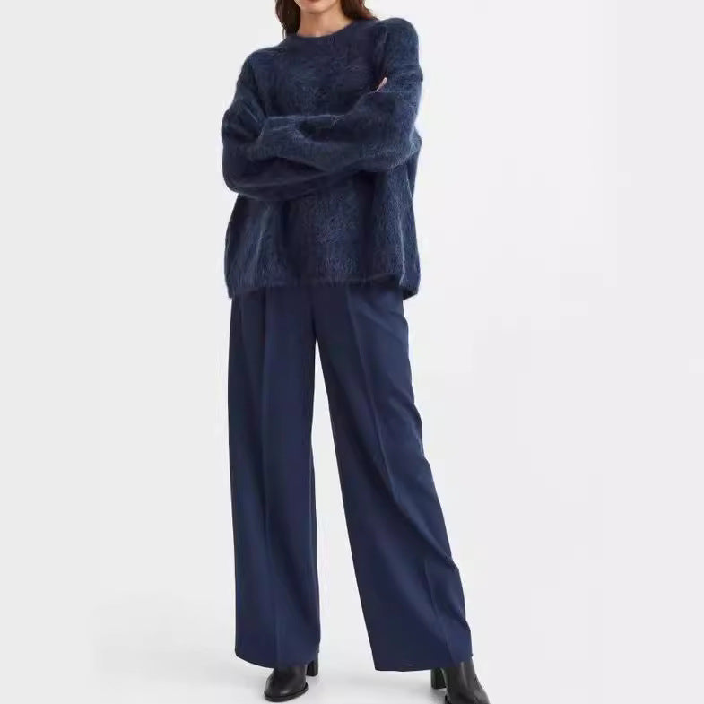 Round Neck Solid Color Long Velvet Sweaters Top