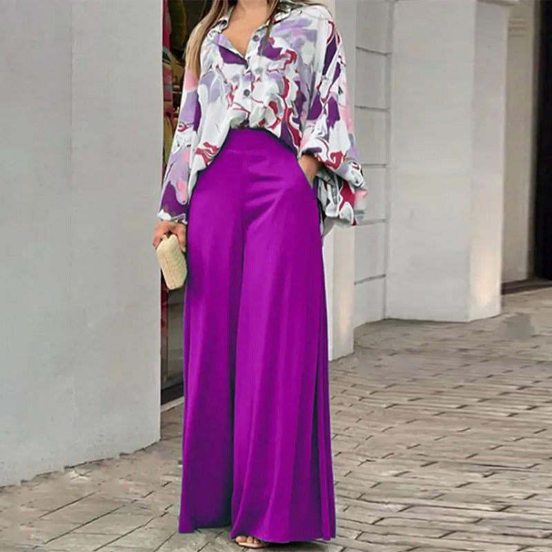 Loose And Elegant Casual Printed Shirt Top Wide Leg Pants Fashion Suit