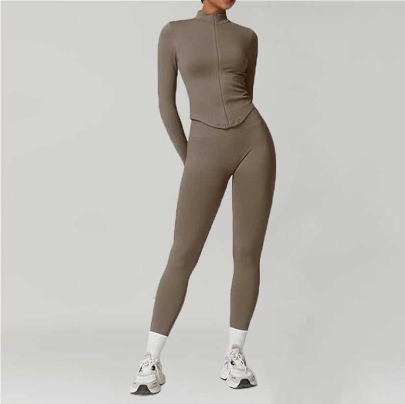 Khaki Stand-up Collar Zip-up Long-sleeve Yoga Jacket Workout Set with matching high-waisted sweatpants, ideal for fitness and athleisure wear.