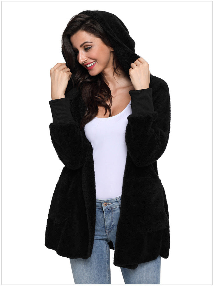 Casual Women's Hooded Solid Color Warm Plush Jacket