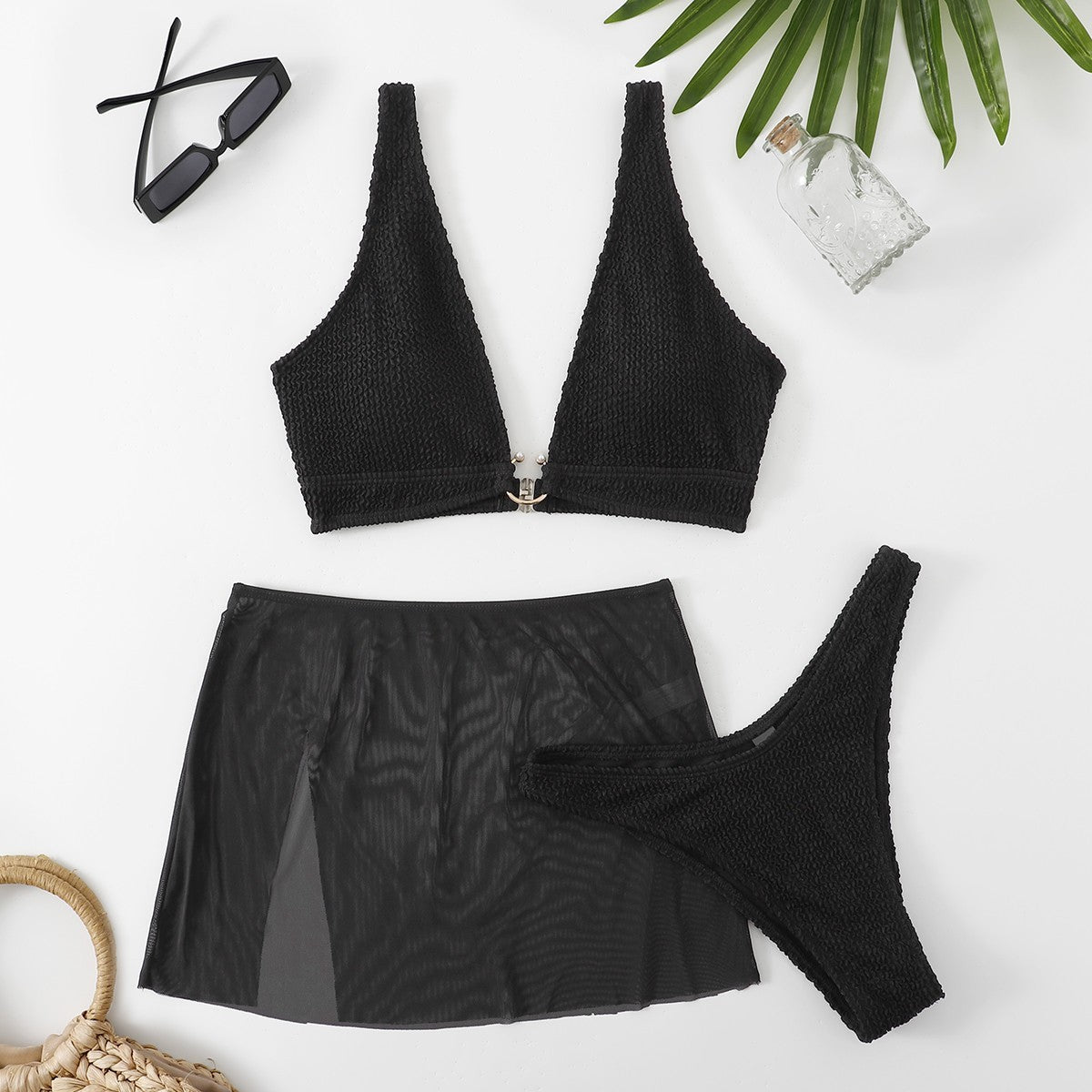 Black Push Up Solid Color Split Triangle Swimsuit