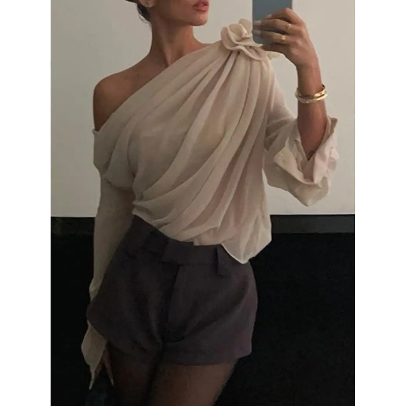 Women's Off Shoulder Tops Elegant Long Sleeve Asymmetrical Neck Ruched Chiffon Blouse Shirts Going Out Top Y2k Shirts