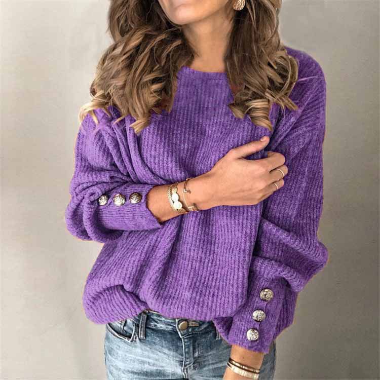 Long Sleeve Round Neck Button Knit Sweater