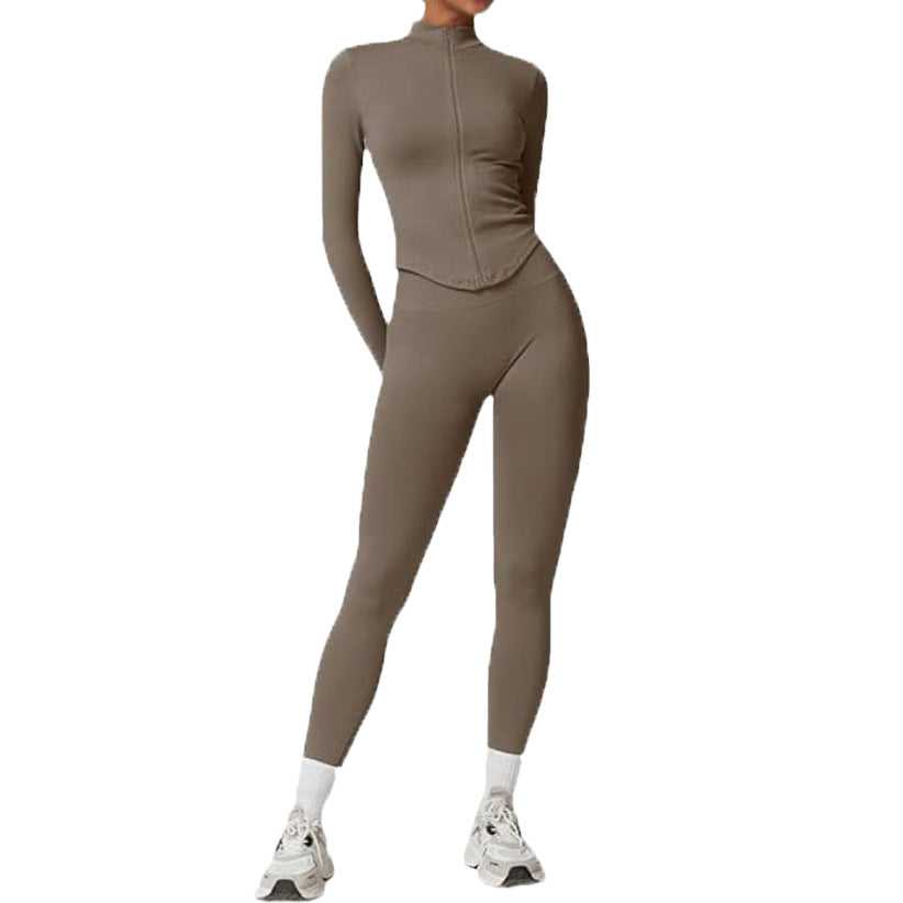 Khaki Stand-up Collar Zip-up Long-sleeve Yoga Jacket Workout Set featuring fitted sweatpants and athletic top for women’s activewear fashion.