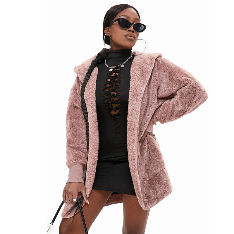 Casual Women's Hooded Solid Color Warm Plush Jacket