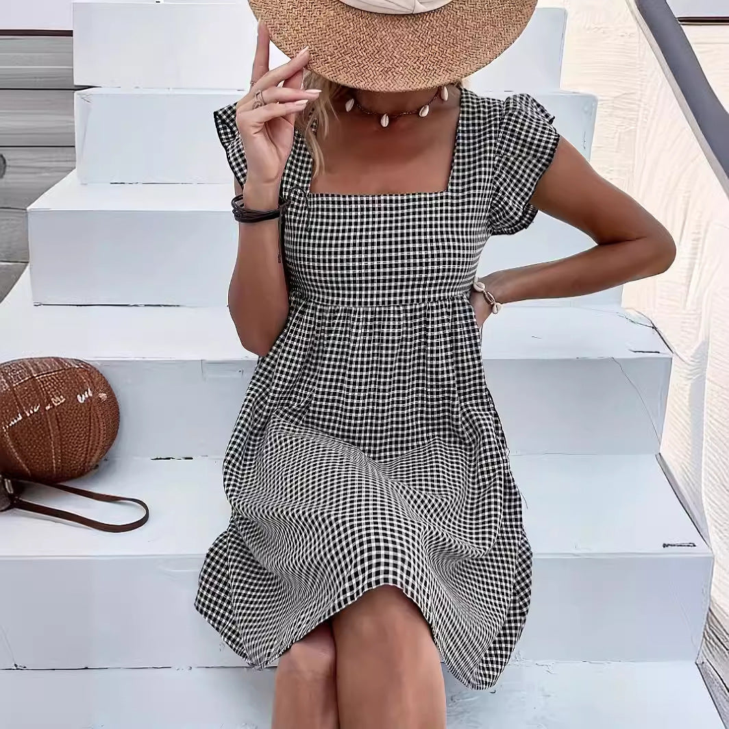 Square-neck Yarn-dyed Plaid Long-sleeve Loose-fitting Dress With Zippered Pockets