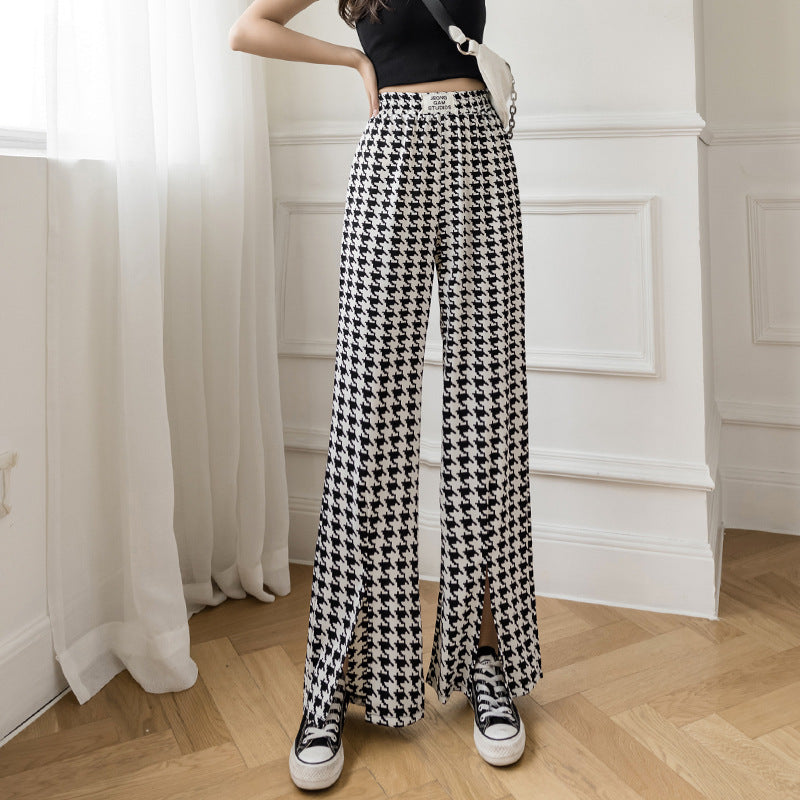 Pant New Summer High Waist Slit Flared Pants Slimming Plaid