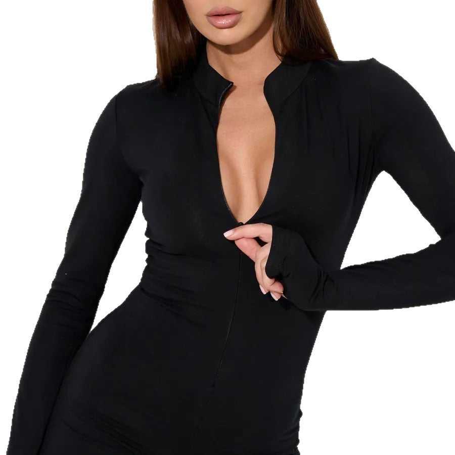 Long-sleeve Zip-up Yoga Shorts Workout Jumpsuit