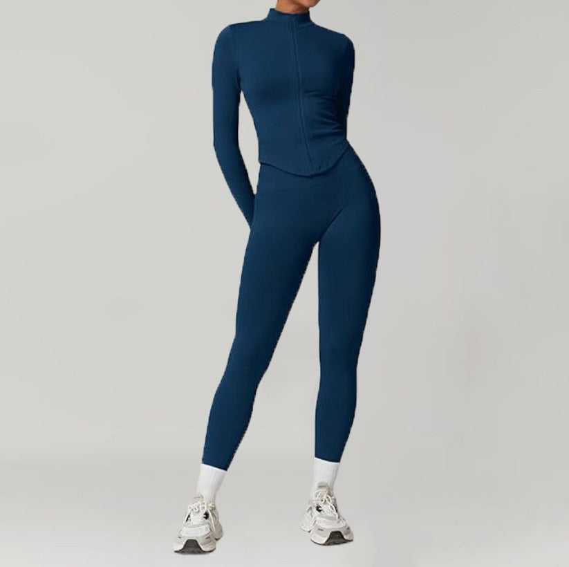 Navy Blue Stand-up Collar Zip-up Long-sleeve Yoga Jacket Workout Set with matching high-waisted sweatpants, ideal for activewear and fitness routines.