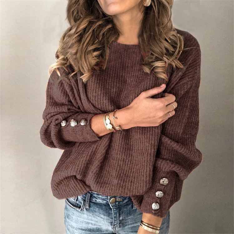 Long Sleeve Round Neck Button Knit Sweater