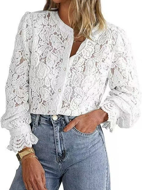 European And American Ladies Fashion Casual Lace Shirt Long Sleeve Button Shirt