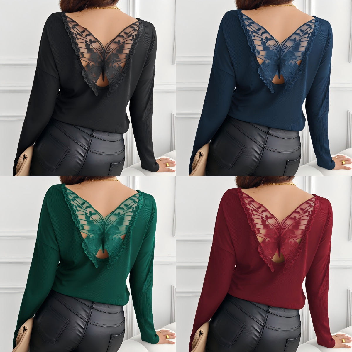Women's Solid Color Back Stitching Pansy Rib Long-sleeved blouse