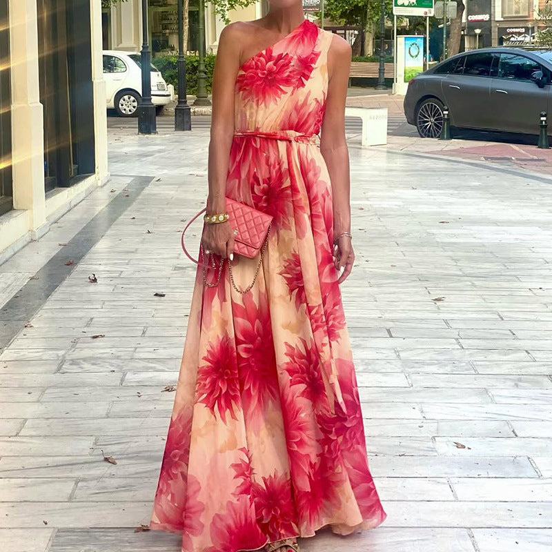 Printed Off-shoulder Sleeveless Long Dress