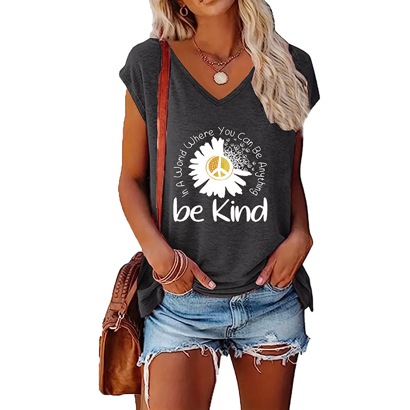 2-Pack Women's Floral T-Shirts Be Kind Wildflowers Graphic Print Casual V-Neck Tee Tops