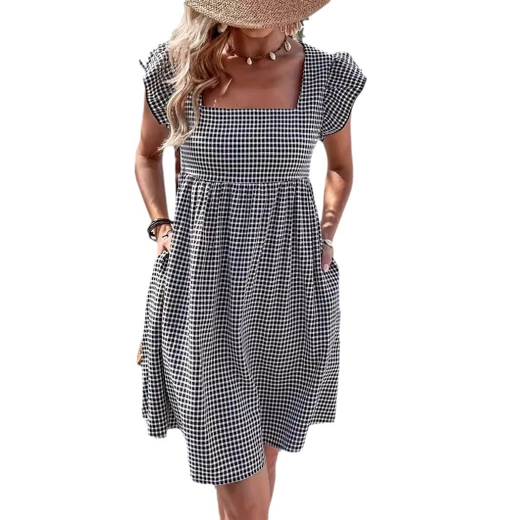 Square-neck Yarn-dyed Plaid Long-sleeve Loose-fitting Dress With Zippered Pockets