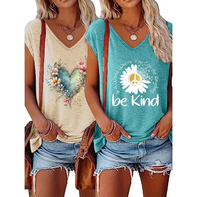 2-Pack Women's Floral T-Shirts Be Kind Wildflowers Graphic Print Casual V-Neck Tee Tops