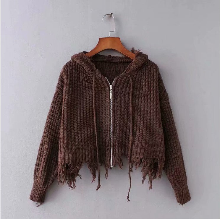 European And American Hooded Tassel Zipper Sweaters Coat