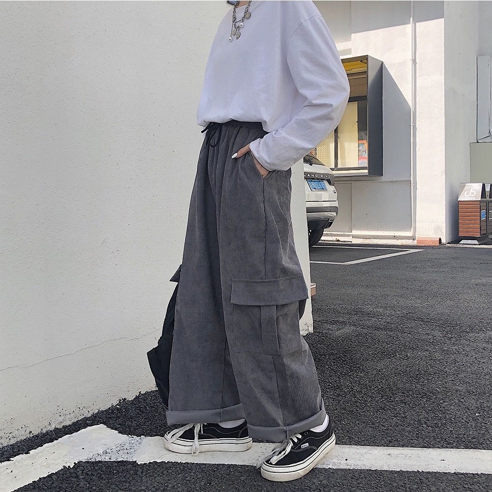 Corduroy Women's Vintage Pocket Cargo Pants Loose Wide Leg