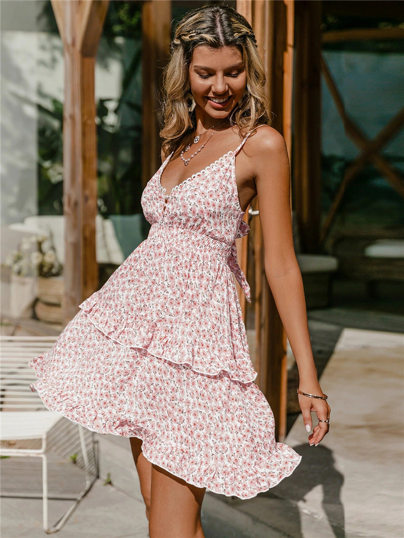 Women's Printed Suspenders Backless Dress