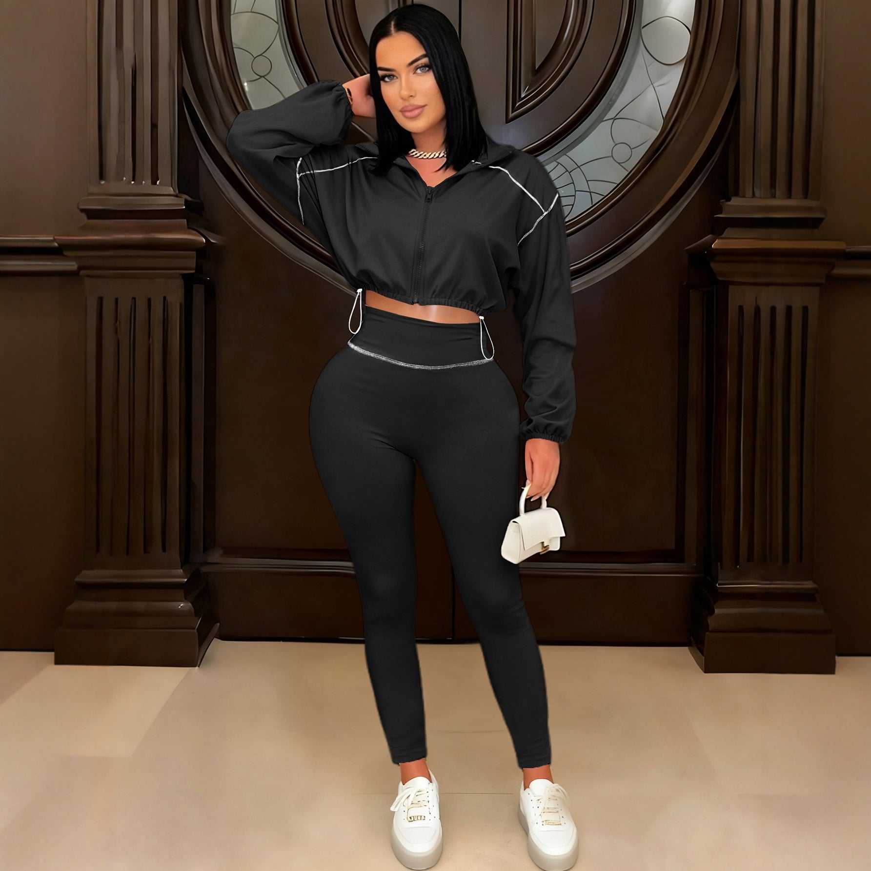 Solid-color Long-sleeve Zip-up Womens Slimming Two-piece Set