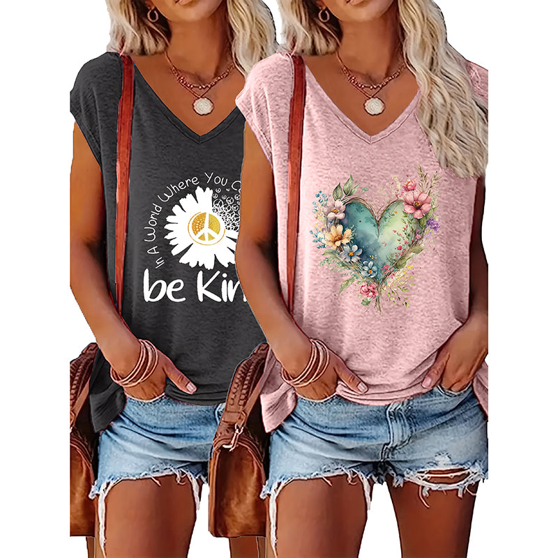 2-Pack Women's Floral T-Shirts Be Kind Wildflowers Graphic Print Casual V-Neck Tee Tops