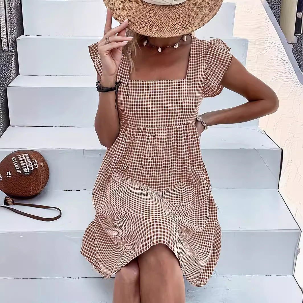 Square-neck Yarn-dyed Plaid Long-sleeve Loose-fitting Dress With Zippered Pockets