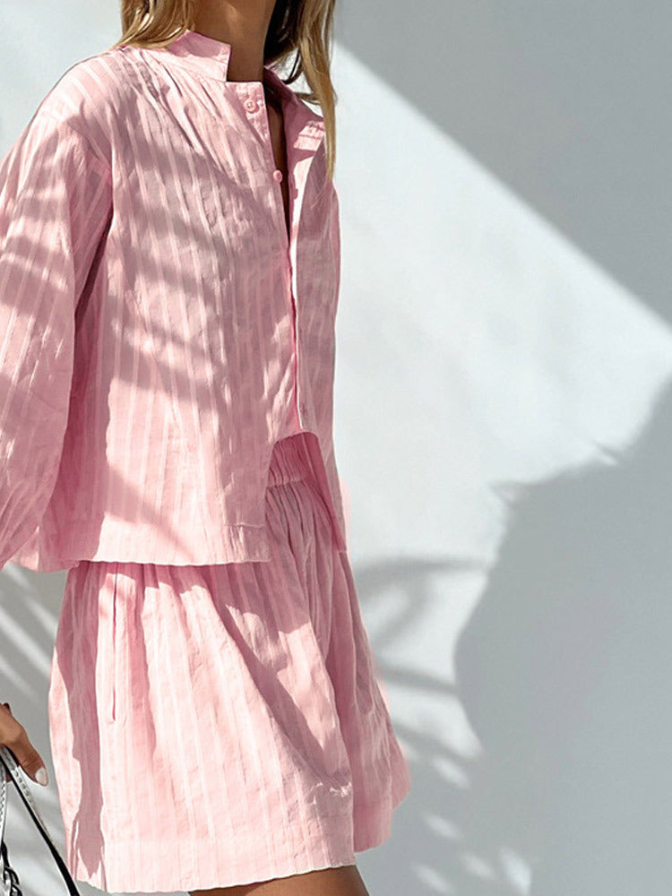 Cotton Striped Shirt O-Neck Lantern Sleeve Top Elastic Waist Shorts Female Sets
