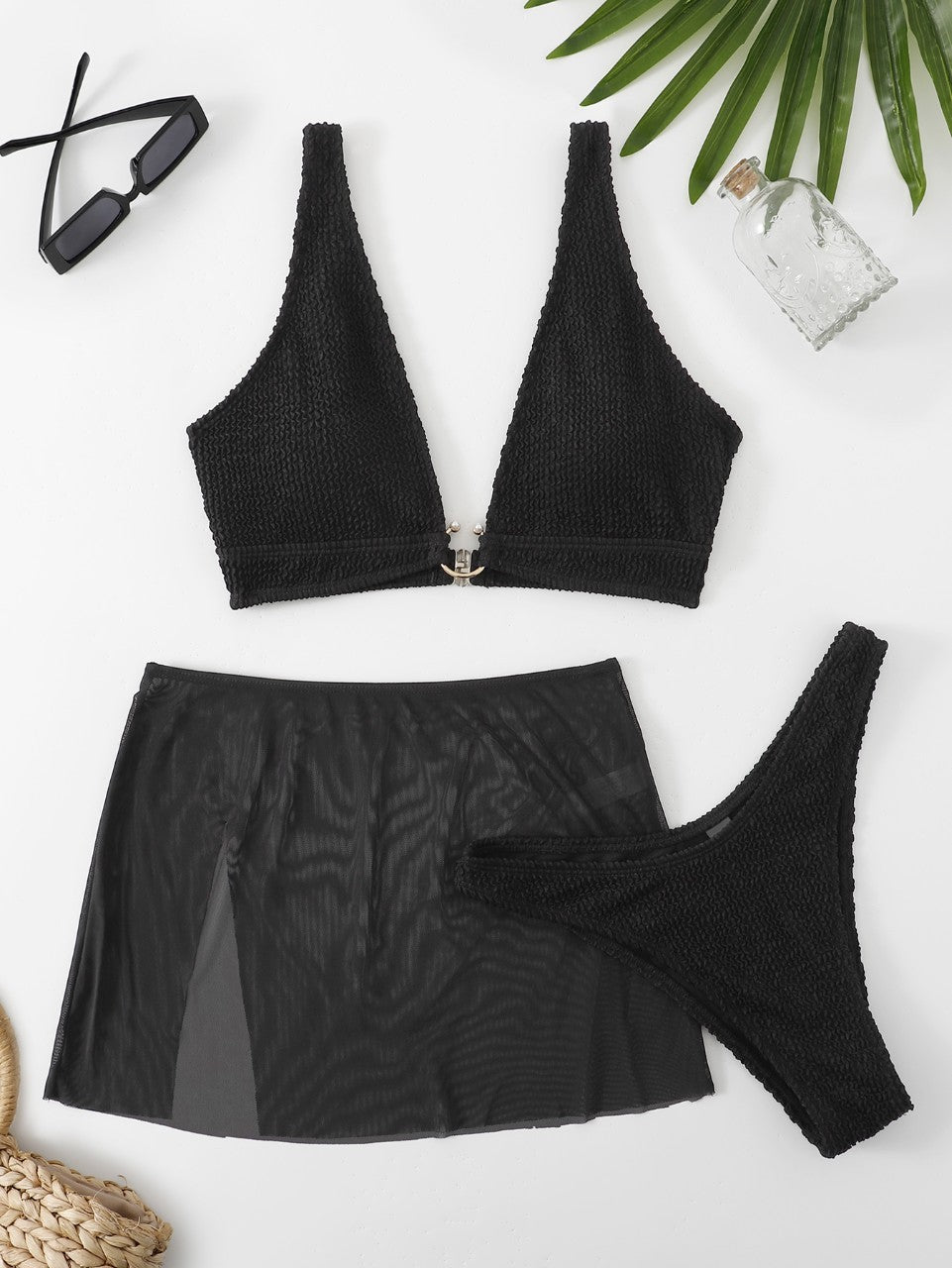 Black Push Up Solid Color Split Triangle Swimsuit